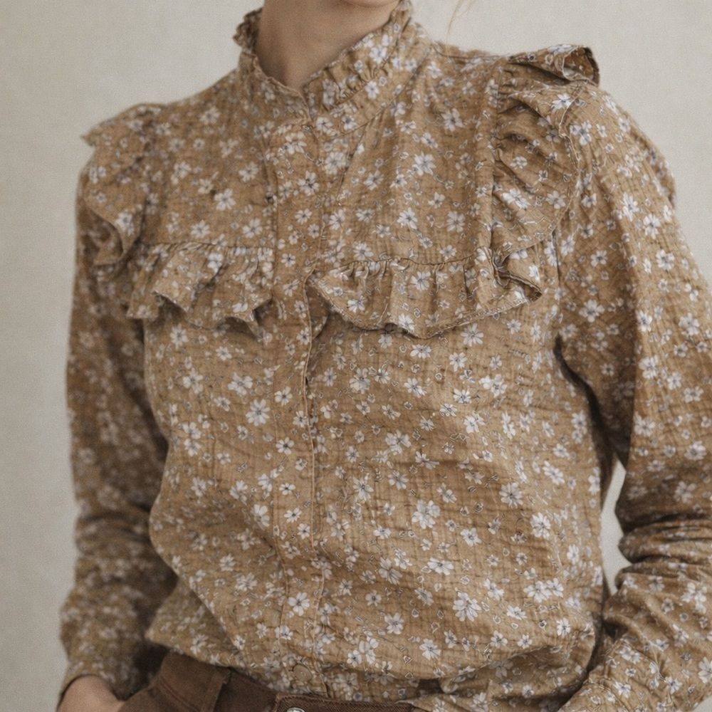 Secular Laboratory Crinkly Brown Ruffle Button-Up Blouse in Brown Size S